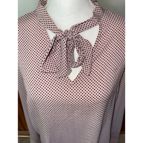 Womens Adrianna Papell Blush Pink Black Polkda Dot Tie Neck Long Sleeve Blouse M - Picture 2 of 8